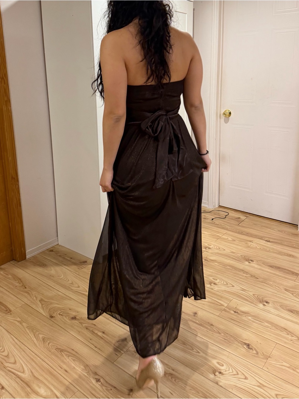 Strapless Black Evening Dress with Waist Tie